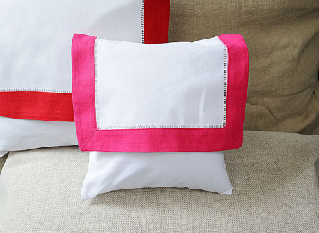 Mini Hemstitch Baby Envelope Pillows. 8x8" Raspberry border - Click Image to Close